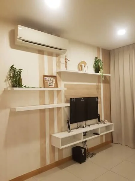 Living features: wall-mounted TV, white floating shelves, decorative plants on shelves, air conditioning unit, light-colored walls with vertical stripes, recessed ceiling lights, curtains, white console table, black media console; style: modern.