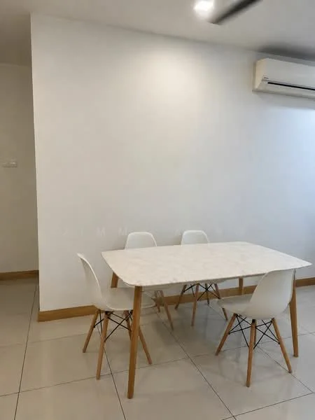 Dining features: white walls, tile flooring, 4-seater dining table with marble top, white plastic dining chairs with wooden legs, wall-mounted split AC; style: modern.