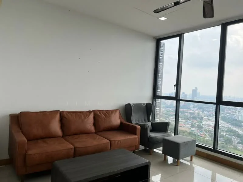 Living features: brown leather sofa, grey armchair, black coffee table, large floor-to-ceiling windows, city view, white painted walls, tile flooring, recessed ceiling lights, ceiling fan; style: modern; view: city.