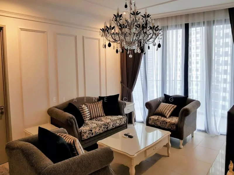 Living features: chandelier with crystals, 3-seater fabric sofa in grey, 2-seater fabric sofa in grey, decorative cushions with black and white pattern, coffee table with white surface, floor-to-ceiling windows, sheer curtains, blackout curtains, wall paneling, light-colored tiled flooring; style: modern; view: city.