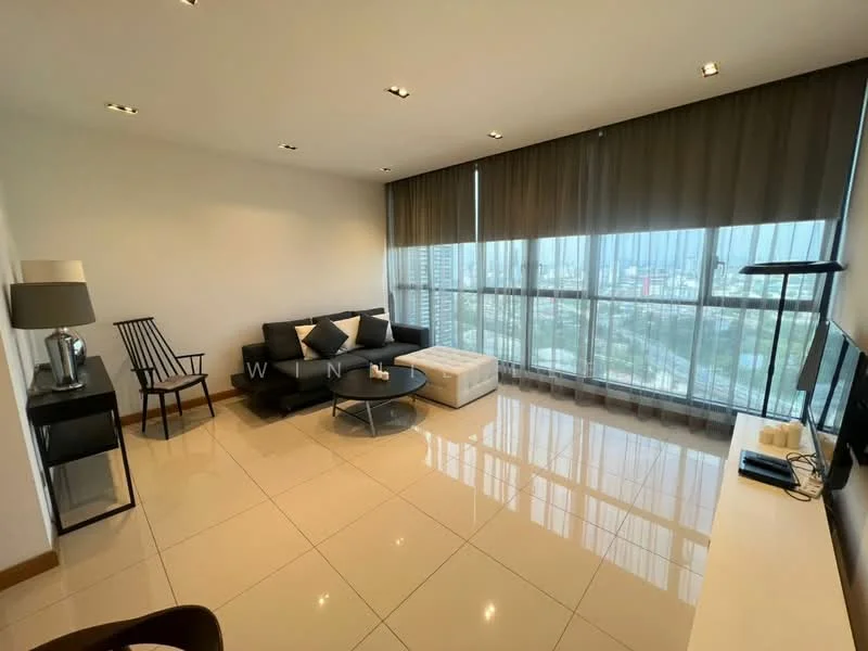 Living features: black leather sofa, white ottoman, round coffee table, floor-to-ceiling windows, city view, light-colored wall, glossy tile flooring, recessed downlights, TV console, wall-mounted TV, decorative lamp, black accent chair; style: modern; view: city.