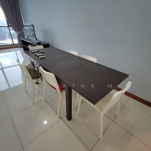 Dining features: rectangular dining table in dark wood, 6 white plastic dining chairs, large window with city view, grey painted walls, white glossy tile flooring, TV console in background, curtains in grey fabric; style: modern; view: city.