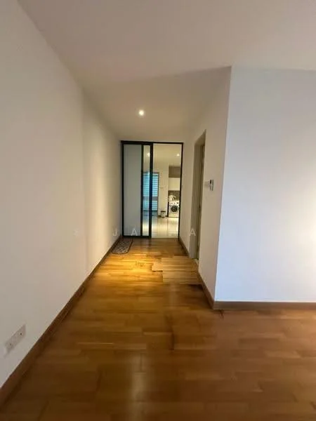 Room features: wooden flooring, white painted walls, recessed downlights, glass door, open layout, hallway, natural light from adjacent room; style: modern.