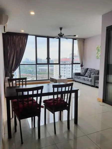 Living features: floor-to-ceiling windows, grey fabric sofa, 3-seater sofa, dining table with 4 chairs, ceiling fan, light-colored walls, tile flooring, curtains, decorative wall art, city view; style: modern; view: city.
