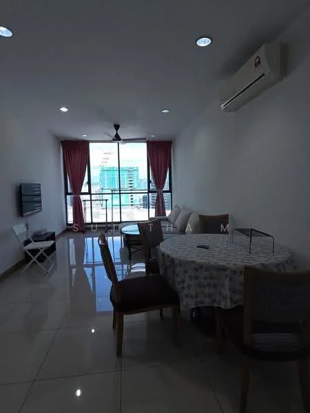 Living features: floor-to-ceiling windows, curtains in red, 3-blade ceiling fan, wall-mounted TV, dining table with tablecloth, 4 dining chairs, sofa, glossy tile flooring, air conditioning unit, decorative wall, light fixtures in ceiling; style: modern; view: city.