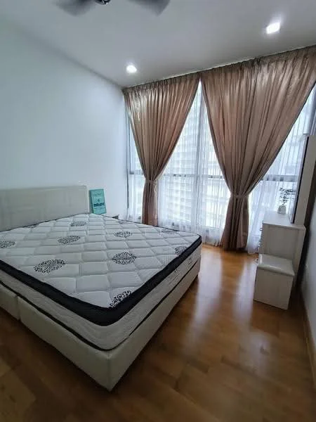 Bedroom features: queen-size bed, light wood flooring, white painted walls, floor-to-ceiling windows, sheer curtains, dark brown curtains, nightstand, decorative plant; style: modern.