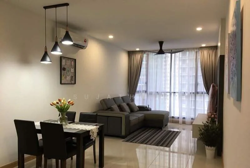 Living features: 3-seater fabric sofa in grey, coffee table, TV console, wall-mounted TV, area rug with geometric pattern, floor-to-ceiling windows, sheer curtains, ceiling fan with light, recessed LED downlights, decorative plant in ceramic pot, wall art, dining table for 4 with lace tablecloth; style: modern; view: city.