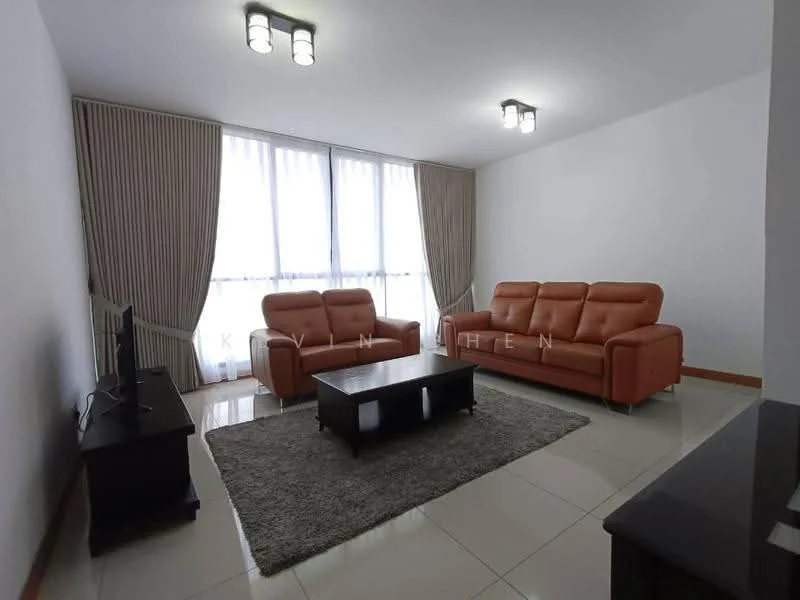 Living features: 2 brown leather sofas, black coffee table, area rug with geometric pattern, floor-to-ceiling windows, sheer curtains, recessed ceiling lights, glossy tile flooring, neutral painted walls; style: modern.