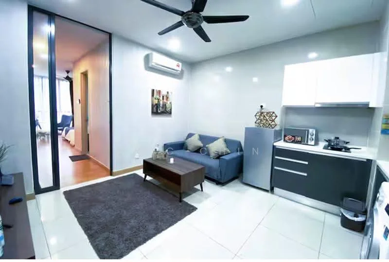 Living features: grey fabric sofa, wood coffee table, area rug with solid pattern, wall-mounted split AC, refrigerator, built-in kitchen cabinets in dark grey, white countertop, microwave, stainless-steel gas hob, pendant light, floor-to-ceiling windows, light-colored walls, tile flooring; style: modern.