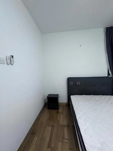 Room features: white painted walls, wooden flooring, black bedside table, unmade bed with mattress, curtains, intercom system.