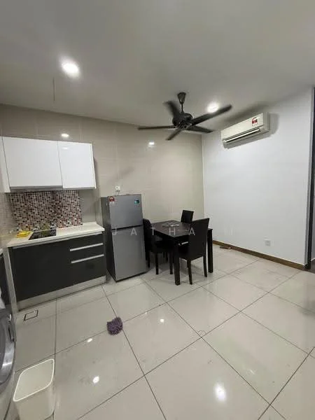 Kitchen features: white cabinets with flat-panel design, grey lower cabinets, mosaic tile backsplash, stainless-steel fridge, 4-burner gas hob, built-in oven, single-bowl stainless-steel sink, chrome pull-down faucet, ceiling fan with light, wall-mounted split AC, dining table with four chairs, polished ceramic tile flooring, white painted walls; style: modern.
