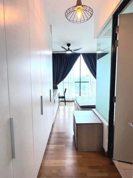 Room features: wooden flooring, white painted walls, ceiling fan, large window with city view, blackout curtains, built-in wardrobe, bedside table, desk chair, bed frame without mattress; style: modern; view: city.