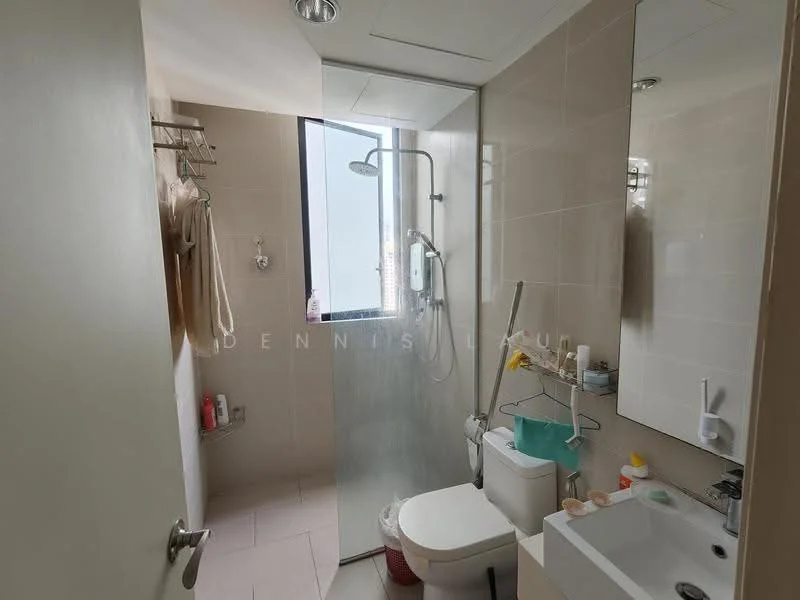Bathroom features: walk-in shower with glass enclosure, chrome handheld shower head, white toilet, single-sink vanity with white cabinet, framed mirror, tile cladding on walls, light-colored tile flooring, window for natural light, shelves with toiletries, towel rack; style: modern; view: city.