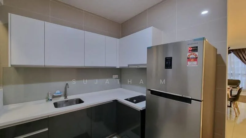 Kitchen features: white upper cabinets, dark grey lower cabinets, white countertop, single-bowl stainless-steel sink, chrome pull-down faucet, built-in stove, stainless-steel fridge, tile backsplash, recessed downlights; style: modern.