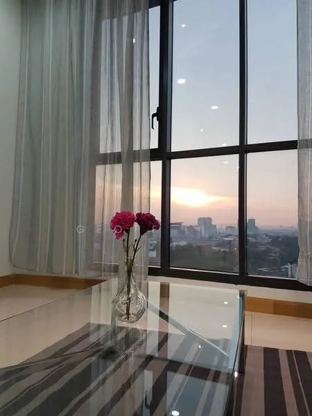 Room features: floor-to-ceiling windows, sheer curtains, glass coffee table, decorative vase, fresh flowers, striped area rug, ceramic tile flooring, city skyline view, sunset lighting, neutral wall color; style: modern; view: city.