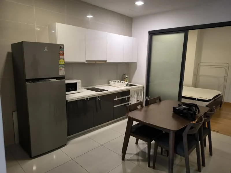 Kitchen features: grey and white cabinetry, white quartz countertop, stainless-steel fridge, built-in microwave, ceramic cooktop, single-bowl stainless-steel sink, chrome pull-down faucet, 4-seater wooden dining table, wooden dining chairs, tile flooring, recessed downlights, wall-mounted shelving; style: modern. Room features: bed frame, wooden flooring.