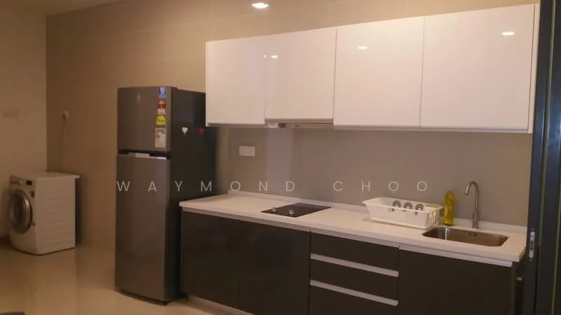 Kitchen features: stainless-steel fridge, built-in oven, single-bowl stainless-steel sink, chrome pull-down faucet, white upper cabinets, dark grey lower cabinets, countertop with integrated sink, dish rack, washing machine, ceramic tile flooring, light-colored wall tiles, recessed downlights; style: modern.
