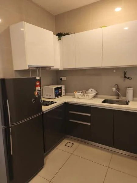 Kitchen features: white upper cabinets, grey lower cabinets, stainless-steel fridge, built-in microwave, single-bowl stainless-steel sink, chrome pull-down faucet, white countertop, ceramic tile flooring, wall-mounted electrical outlets, dish rack, kitchen utensils, decorative plant; style: modern.