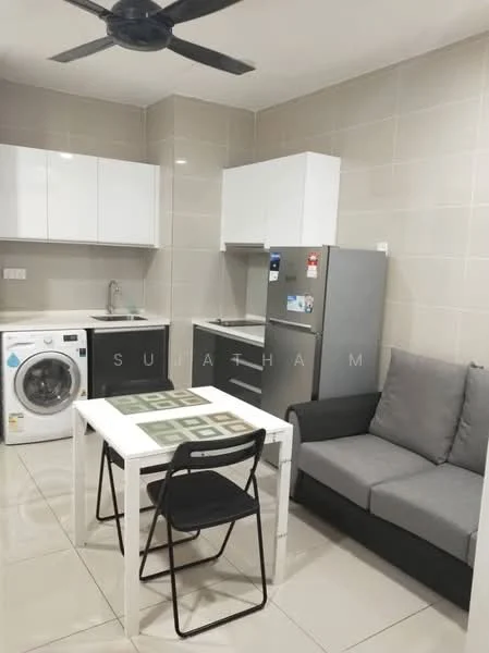 Kitchen features: white shaker cabinets, stainless-steel fridge, single-bowl stainless-steel sink, chrome pull-down faucet, ceramic tile backsplash, built-in oven, freestanding washing machine, 4-seater dining table, black dining chairs, 3-seater fabric sofa in grey, polished tile flooring, ceiling fan with light; style: modern.