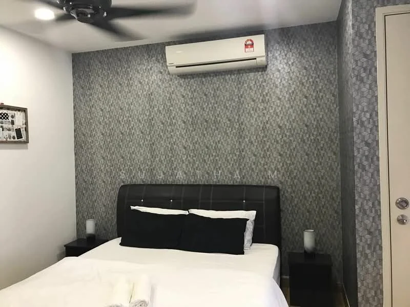 Bedroom features: queen-size bed, upholstered headboard, black throw pillows, white bedding, 2 bedside tables, table lamps on bedside tables, grey patterned accent wall, white painted walls, wall-mounted air conditioning unit, ceiling fan; style: modern.
