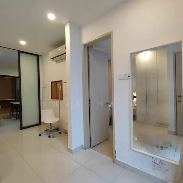 Room features: white painted walls, tile flooring, recessed downlights, wall-mounted split AC, full-length mirror, doorway leading to another room, small desk with chair, neutral color scheme; style: modern.