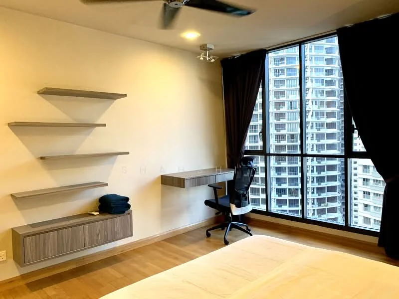 Bedroom features: wooden flooring, white painted walls, floor-to-ceiling windows, blackout curtains, ceiling fan, floating shelves, built-in desk, office chair; style: modern; view: city.