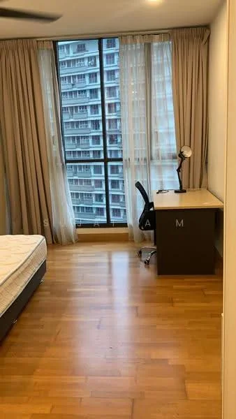 Bedroom features: wooden flooring, floor-to-ceiling windows, sheer curtains, desk with lamp, office chair, queen-size bed, light-colored walls, built-in wardrobe; style: modern; view: city.