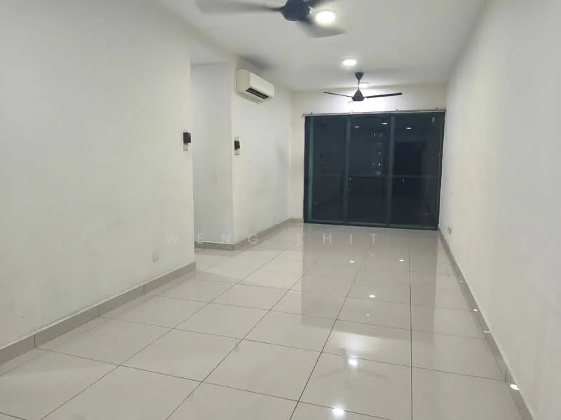 Living features: white painted walls, glossy ceramic tile flooring, 5-blade ceiling fan with light, wall-mounted split AC, sliding glass door, floor-to-ceiling windows, neutral color scheme, no visible furniture; style: modern.