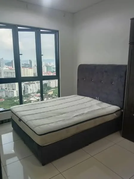 Bedroom features: king-size bed, upholstered headboard in grey, floor-to-ceiling windows, city view, white painted walls, glossy tile flooring, built-in wardrobe, natural light from windows; style: modern; view: city.