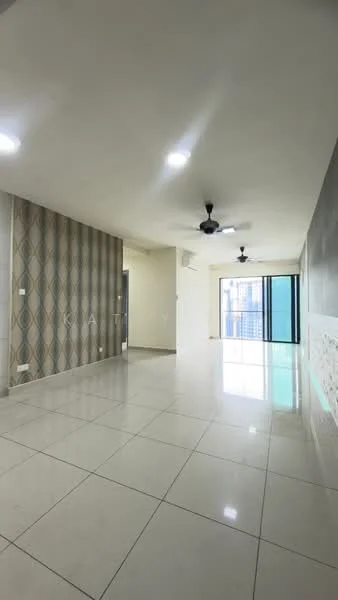 Living features: white painted walls, feature wall with patterned wallpaper, glossy ceramic tile flooring, recessed downlights, 2 ceiling fans, floor-to-ceiling windows, sliding glass door, open layout, neutral color scheme, decorative wall paneling; style: modern.