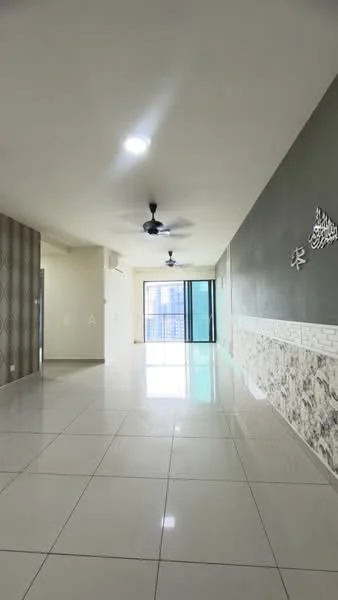 Living features: white painted walls, grey accent wall, polished ceramic tile flooring, 5-blade ceiling fan with light, floor-to-ceiling windows, sliding glass door, decorative wall panel, recessed downlights; style: modern; view: city.