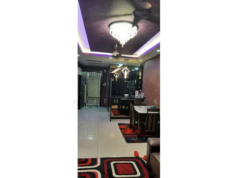 Living features: chandelier, recessed LED downlights, 5-blade ceiling fan, cream painted walls, dark accent wall, glossy tile flooring, area rug with geometric pattern, wood dining table, upholstered chairs, decorative wall art, open layout, sliding glass door, wall-mounted TV; style: modern.