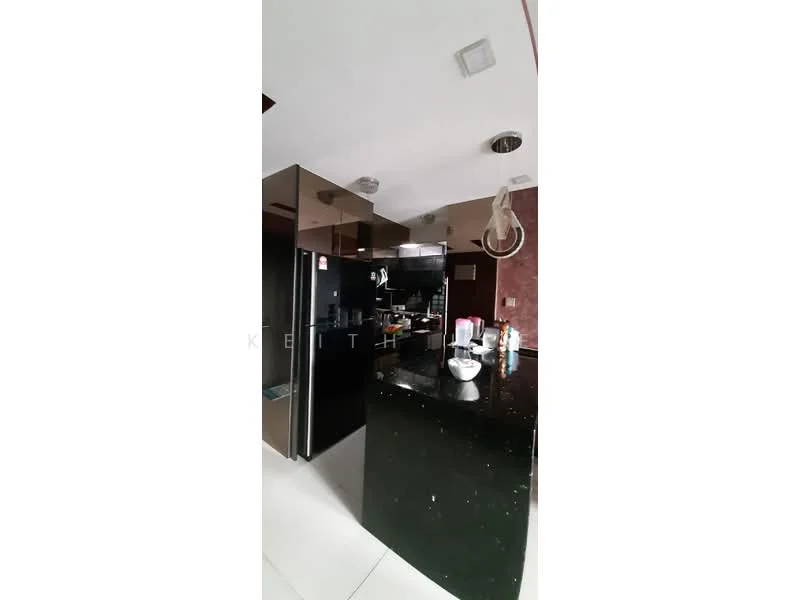 Kitchen features: black granite countertop, black cabinetry, stainless-steel fridge, built-in oven, 4-burner gas hob, exhaust hood, pendant light, recessed downlights, white tiled flooring, wall-mounted cabinets, sink, kitchen island; style: modern.
