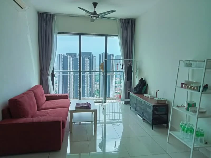 Living features: red fabric sofa, coffee table, TV console, floor-to-ceiling windows, curtains, white tiled flooring, ceiling fan, city skyline view, wall-mounted air conditioning unit, open shelving unit, laundry drying rack; style: modern; view: city.