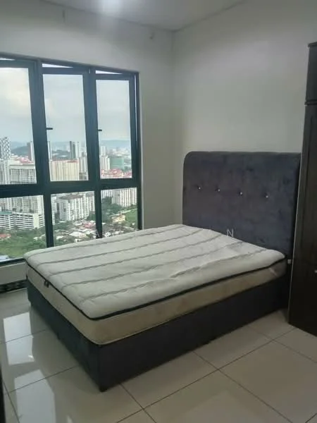 Bedroom features: queen-size bed, upholstered headboard in grey, floor-to-ceiling windows, city view, white painted walls, glossy tile flooring, built-in wardrobe, natural light from windows; style: modern; view: city.