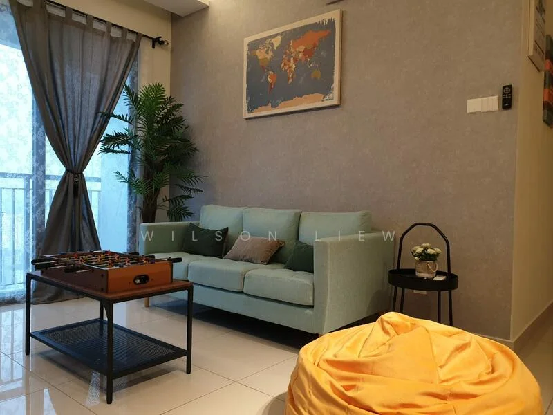 Living features: light blue fabric sofa, coffee table with black metal frame, decorative plant in corner, map artwork on wall, grey accent wall, floor-to-ceiling windows with sheer curtains, white tiled flooring, yellow bean bag chair, small black side table with flower vase, board game on coffee table; style: modern; view: city.