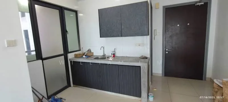 Kitchen features: grey cabinetry, white countertop, single-bowl stainless-steel sink, chrome pull-down faucet, wall-mounted window, floor-to-ceiling window, tile flooring, unfinished wall, open layout; style: modern.