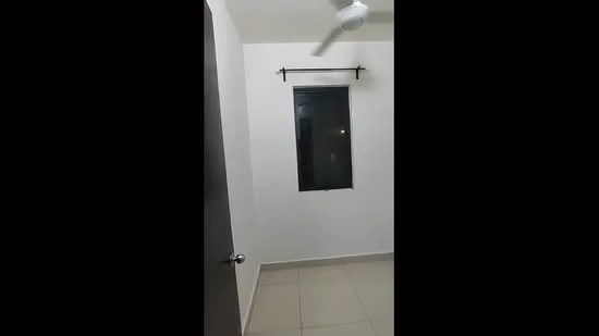 Room features: white painted walls, tile flooring, single window, ceiling fan.