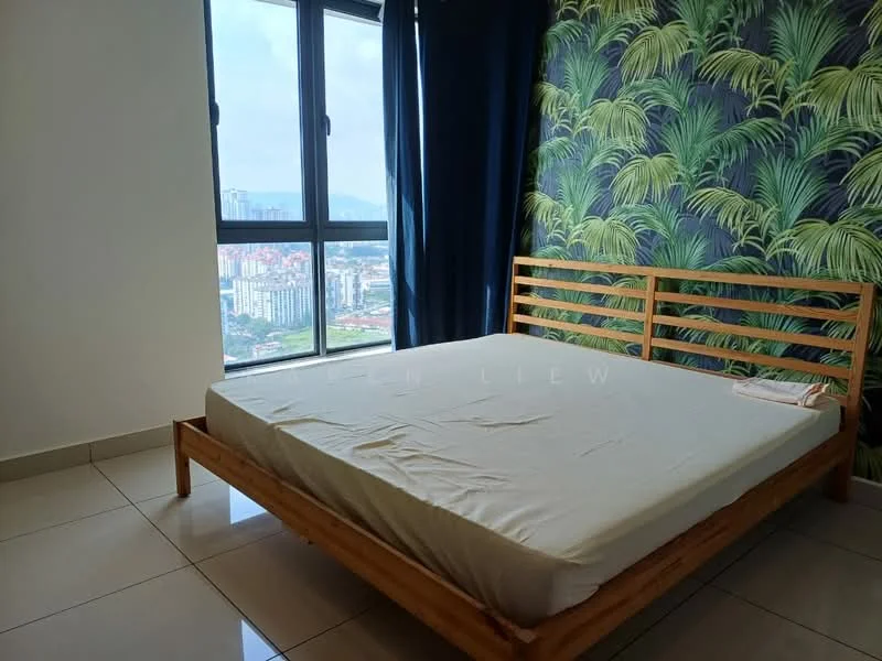 Bedroom features: wooden bed frame, queen-size bed, green tropical wallpaper, floor-to-ceiling windows, city view, grey curtains, white tiled flooring, no visible bedding; style: modern; view: city.