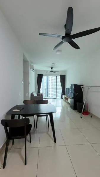 Dining features: dining table with 4 chairs, black rectangular dining table, white walls, cream tiled flooring, 5-blade ceiling fan, floor-to-ceiling windows, curtains, TV console, refrigerator, open layout; style: modern; view: city.