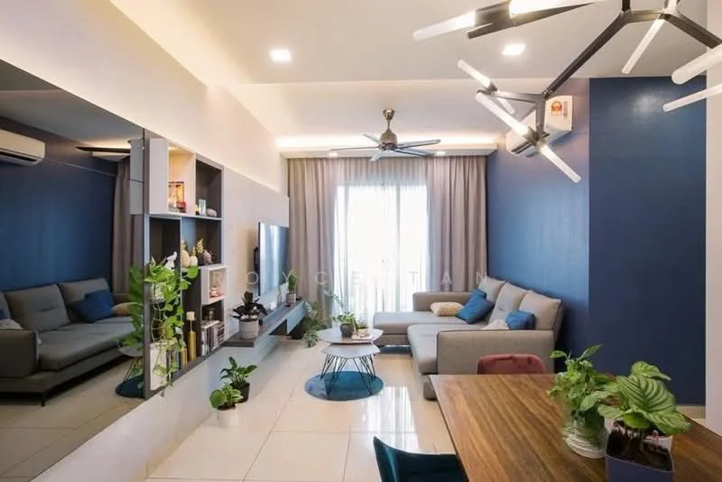 Living features: grey fabric sofa, coffee table, wall-mounted TV, TV console, decorative plants, 5-blade ceiling fan with light, recessed downlights, blue accent wall, cream painted walls, floor-to-ceiling windows with sheer curtains, area rug, wooden dining table, blue upholstered dining chairs, mirrored wall; style: modern; view: city.