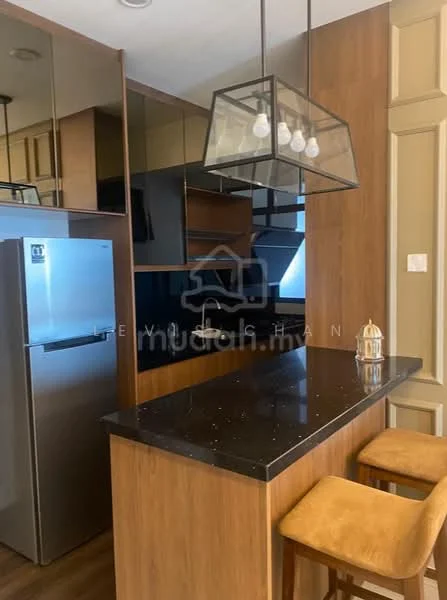 Kitchen features: black countertop with speckles, wood cabinetry, stainless-steel fridge, black backsplash, pendant lighting with three bulbs, bar seating with two stools, built-in oven, sink with modern faucet; style: modern.