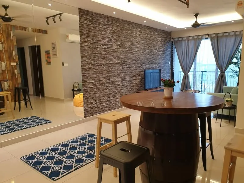 Living features: exposed brick accent wall, cream painted walls, polished tile flooring, 5-blade ceiling fan with light, wall-mounted TV, large windows with sheer curtains, decorative indoor plants, round wooden dining table, stools at dining table, area rug with geometric pattern, bean bag chair, wall-mounted lighting, decorative wall art; style: modern; view: city.