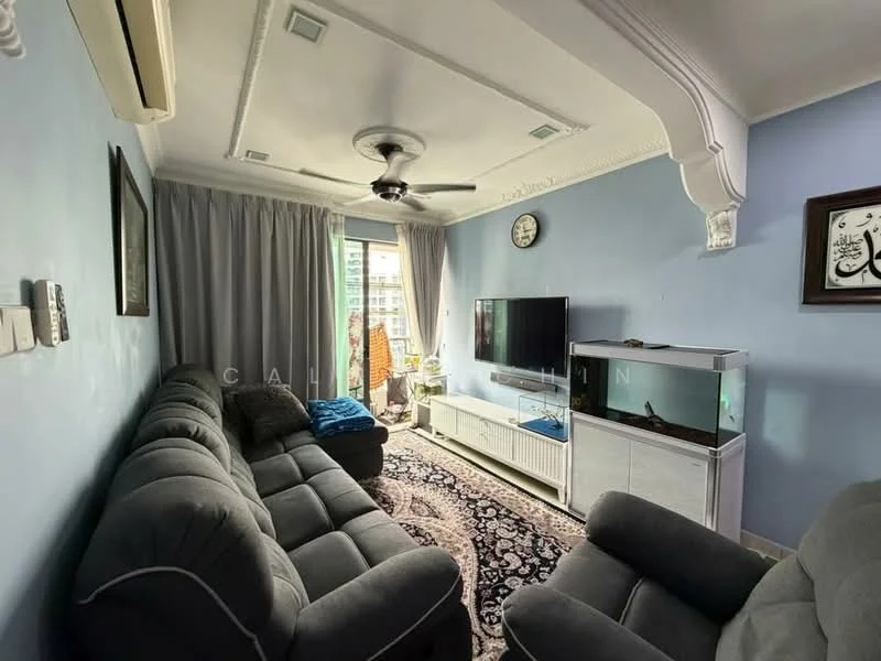 Living features: 3-seater fabric sofa in grey, 2-seater fabric sofa in grey, ceiling fan with light, wall-mounted TV, TV console in white, glass aquarium, large window with sheer curtains, decorative wall clock, area rug with intricate pattern, painted walls in light blue, crown moulding on ceiling, sliding glass door leading to balcony; style: modern; view: city.