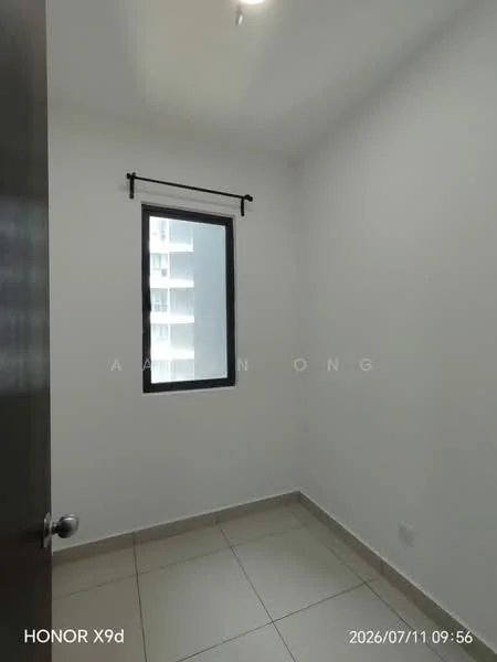 Room features: white painted walls, tile flooring, single window with black frame, curtain rod, light fixture on ceiling.