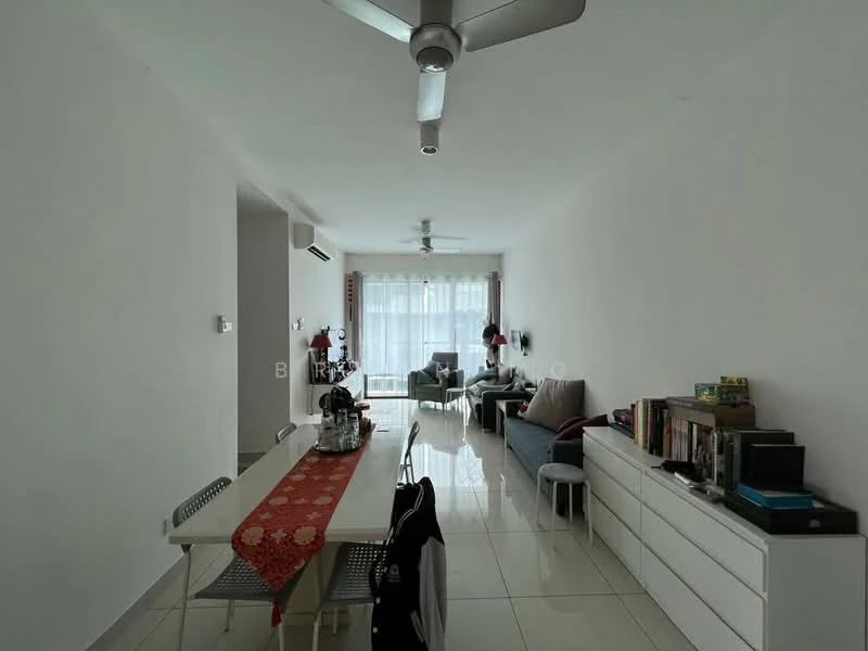 Living features: white painted walls, glossy tile flooring, 5-blade ceiling fan with light, floor-to-ceiling windows, sheer curtains, sofa in grey, coffee table, TV console, decorative items on shelves, dining table with chairs; style: modern; view: garden.