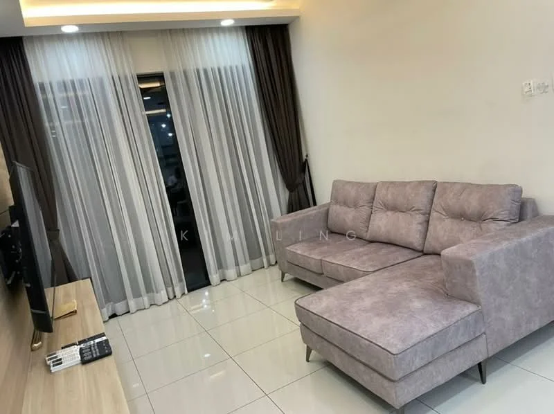 Living features: 3-seater fabric sofa in light grey, sectional sofa, floor-to-ceiling windows, sheer curtains, dark brown curtain, wall-mounted TV, TV console, white tiled flooring, recessed downlights, decorative wall paneling; style: modern.