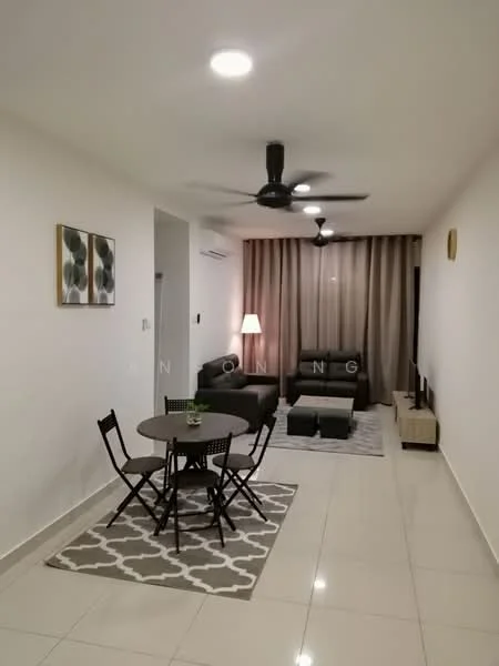 Living features: white painted walls, glossy tile flooring, 5-blade ceiling fan with light, sofa in dark grey, coffee table, TV console, wall-mounted TV, area rug with geometric pattern, floor lamp, curtains in light brown, decorative wall art; style: modern. Dining features: round dining table, 4 black chairs, small potted plant, grey area rug; style: modern.