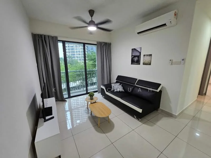 Living features: 3-seater fabric sofa in black with white trim, coffee table, wall-mounted TV, floor-to-ceiling windows, grey curtains, white painted walls, ceramic tile flooring, 1 ceiling fan with light, air conditioning unit on wall; style: modern; view: garden.