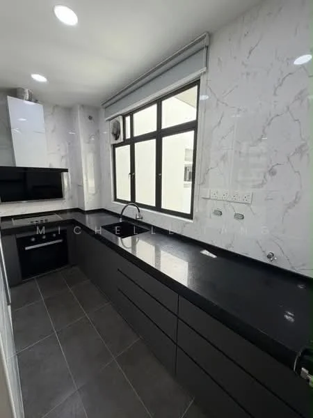 Kitchen features: black granite countertop, white marble backsplash, black cabinetry with flat-panel design, built-in oven, single-bowl stainless-steel sink, chrome pull-down faucet, window with black frame, recessed downlights, grey tile flooring, air conditioning unit; style: modern.